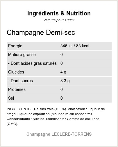 Champagne Demi-Sec - Ingrédients et Nutrition 